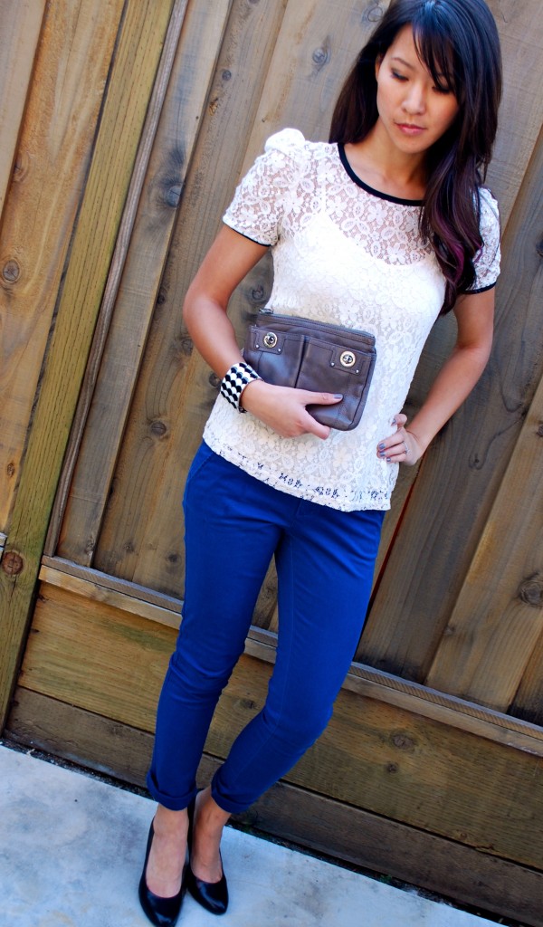 Lace top and blue pants