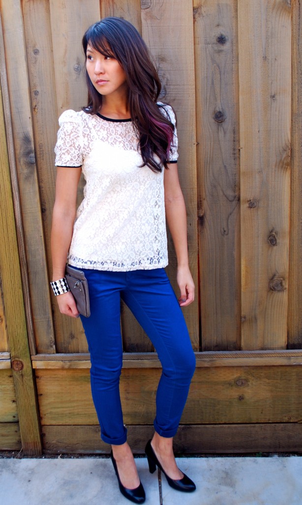 Lace top and blue pants outfit