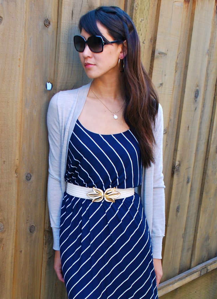 Blue Striped Dress and Grey Cardigan