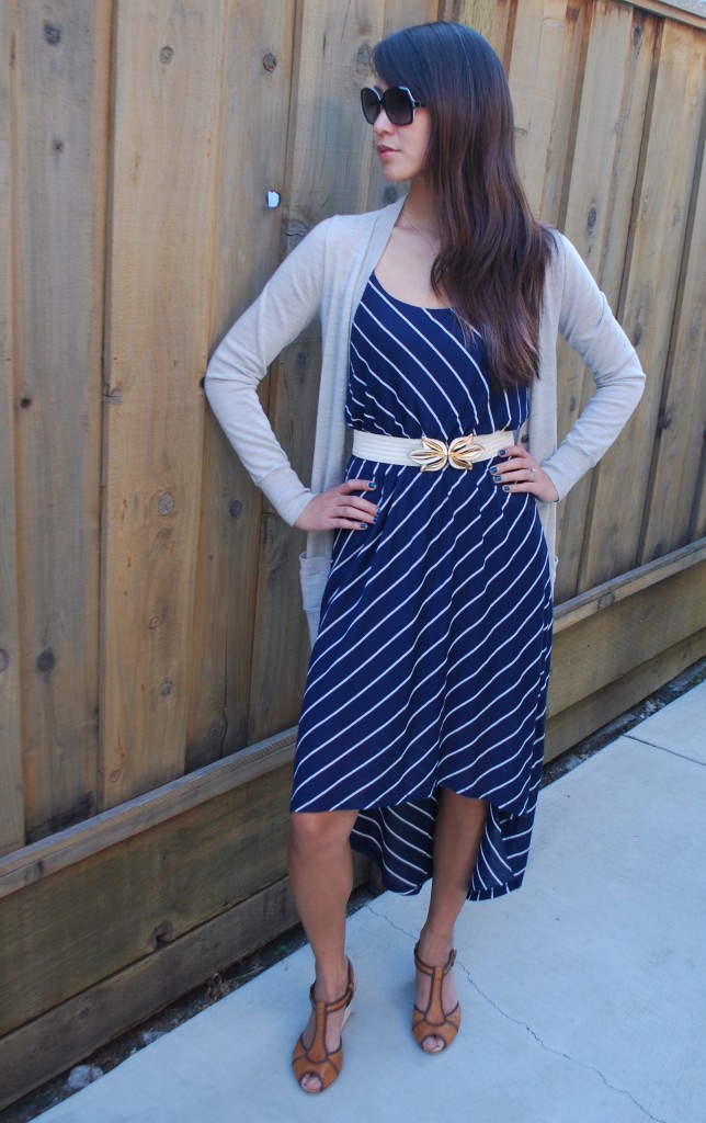 Blue Striped Dress and Grey Cardigan