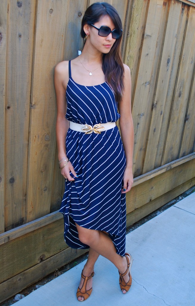 Blue Striped Dress and Vintage Gold White Belt