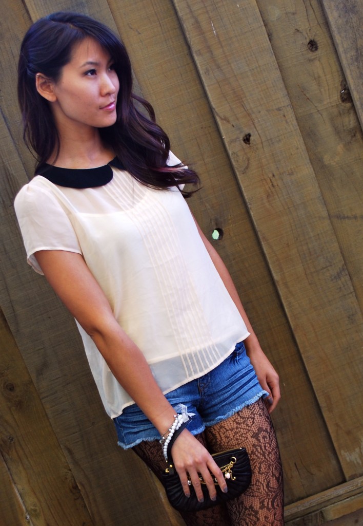 Peter Pan collar blouse Denim Shorts with Black Tights