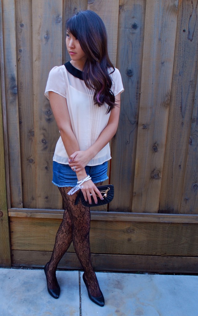 Peter Pan collar blouse Denim Shorts with Black Tights