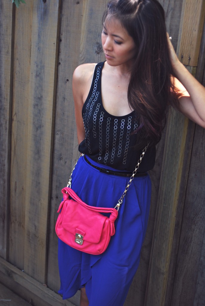 Black metal tank and Bright blue long tulip skirt