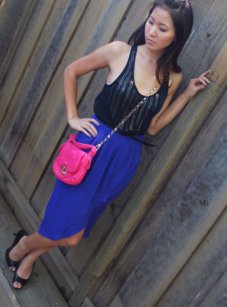 Black metal tank and Bright blue long tulip skirt