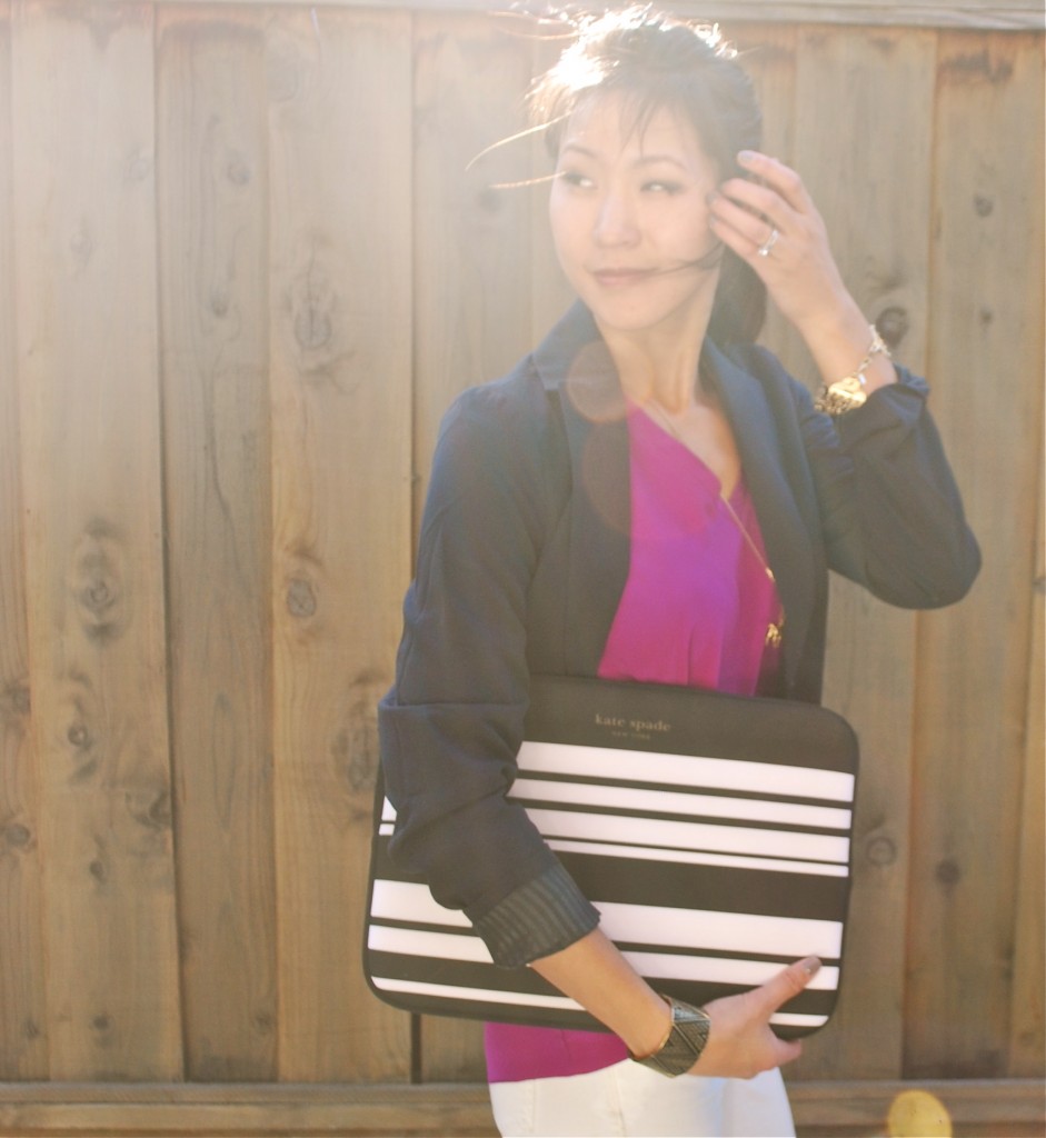 Outfit - Blazer and Kate Spade striped laptop case