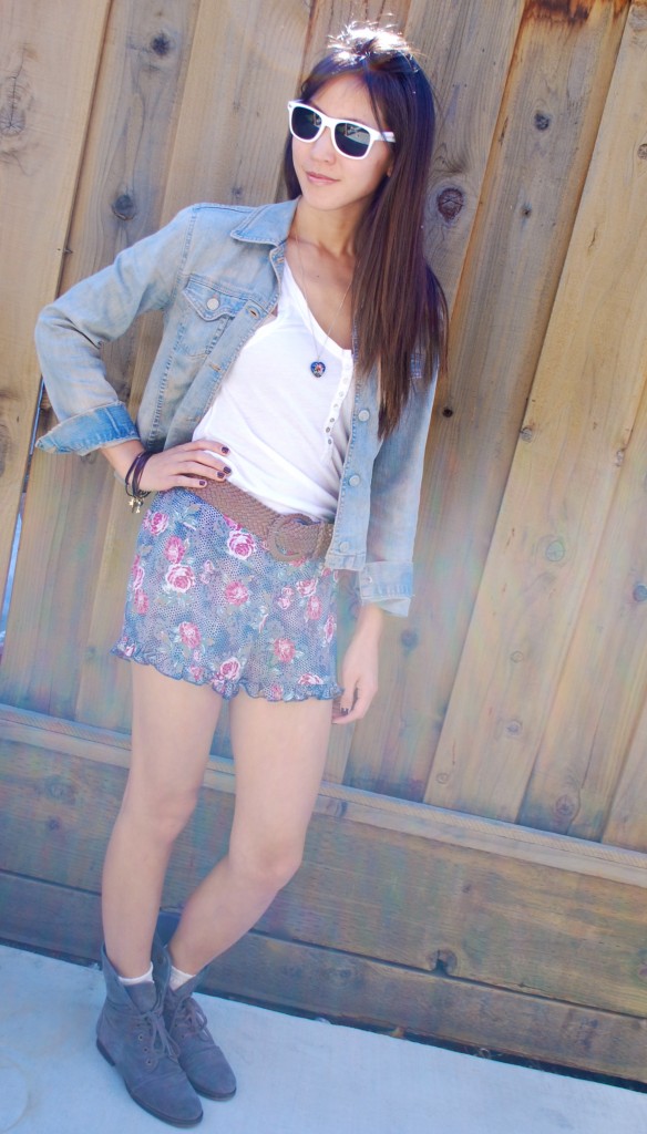 Denim Jacket and Floral Shorts Outfit