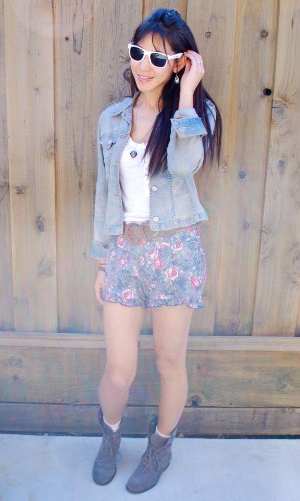 Denim Jacket and Floral Shorts Outfit