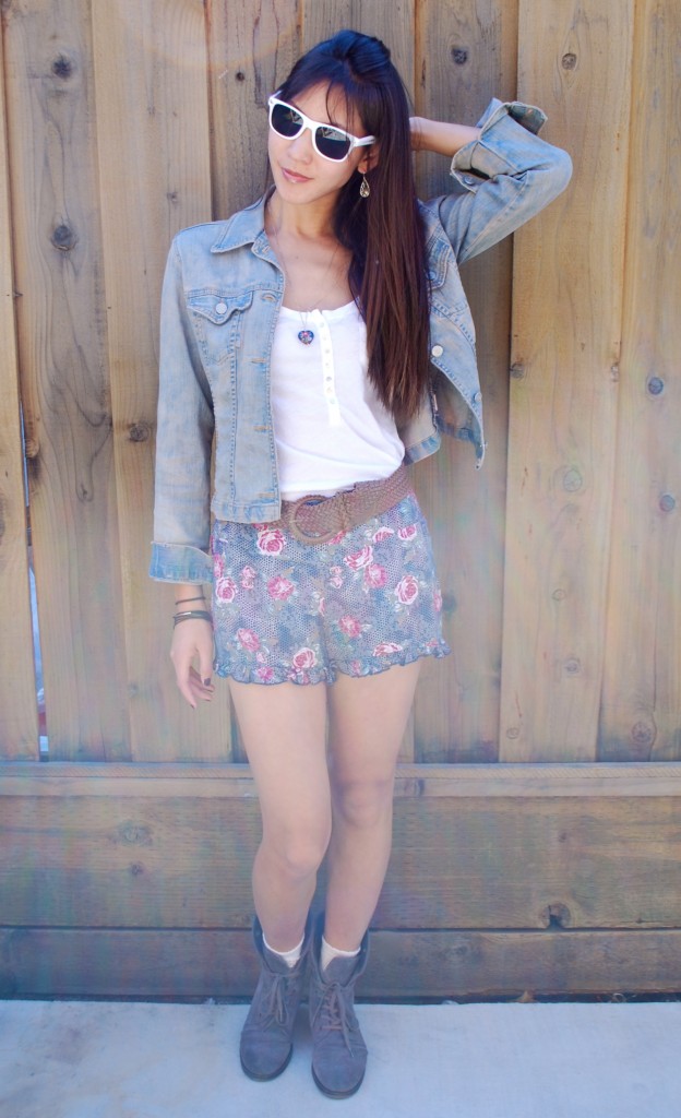 Denim Jacket and Floral Shorts Outfit