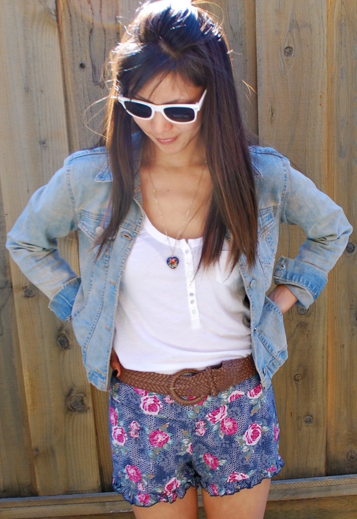 Denim Jacket and Floral Shorts Outfit