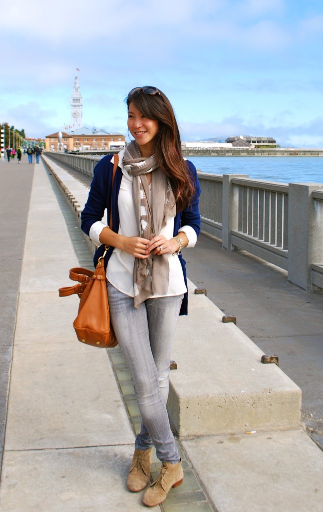 Silk Collared Shirt with Cardigan and Sophia Costas Scarf