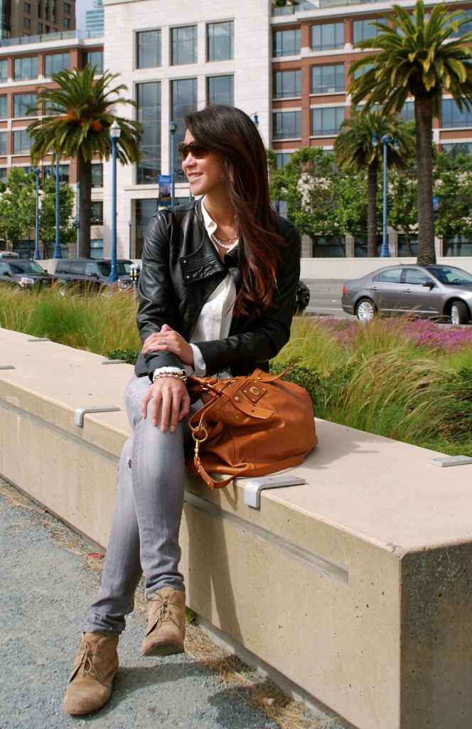 White collared silk shirt and LAMB Leather motorcycle Jacket outfit