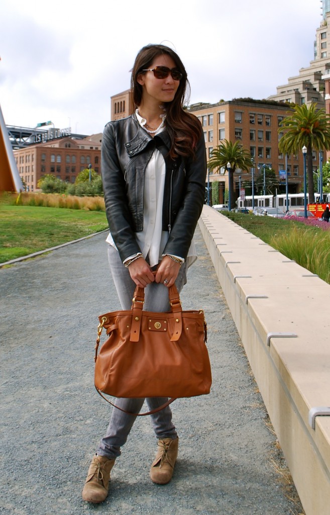 White collared silk shirt and LAMB Leather motorcycle Jacket outfit