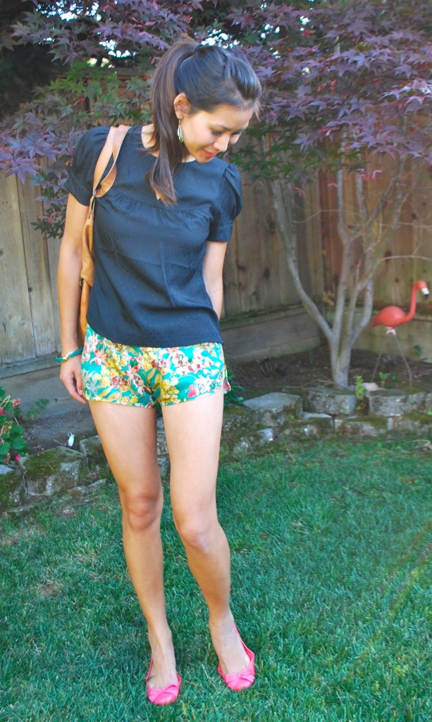 Tropical Womens Running Shorts and Black Dotted Blouse Outfit