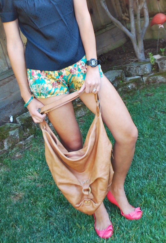 Tropical Silk Running Shorts and Black Dotted Blouse Outfit
