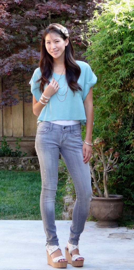 Mint Green Top Grey Skinny Jeans Outfit