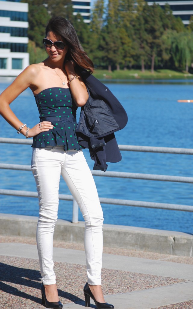 Navy/Green Polka Dot Peplum Bustier and White Skinny Jeans