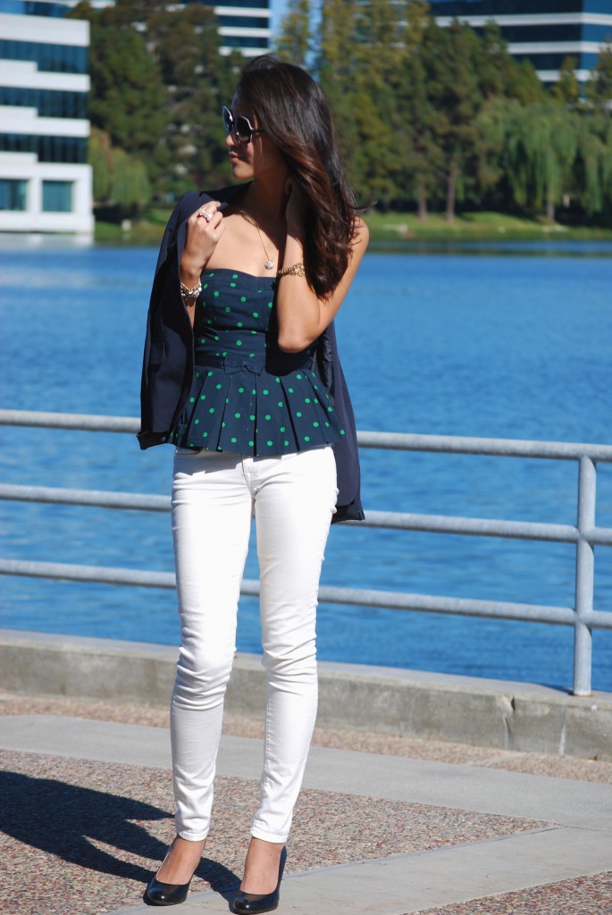 Navy/Green Polka Dot Peplum Bustier and White Skinny Jeans