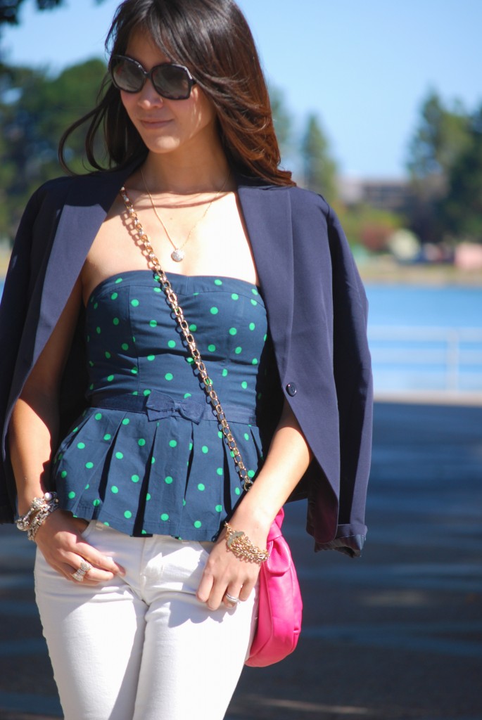 Green/Navy Peplum Top and Navy Blazer