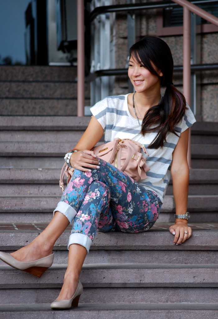 Floral Pants and Lace Striped Shirt w/Samantha Vega purse