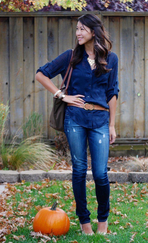 Sheer Navy Blouse and Paige Jeans Outfit with Longchamp Le Pliage Bag