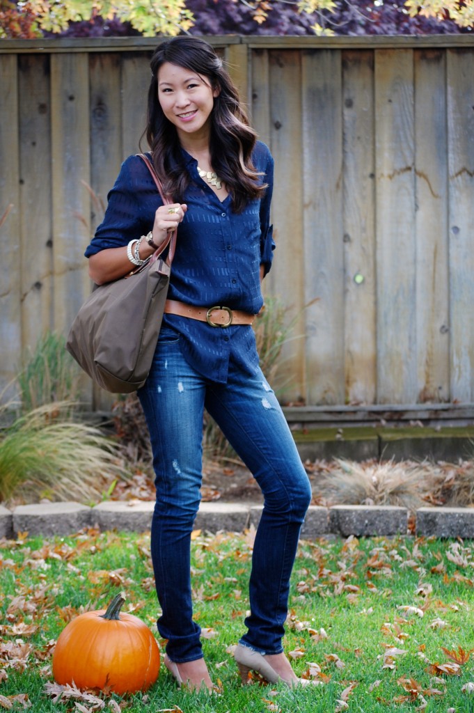 Sheer Navy Blouse and Paige Jeans Outfit with Longchamp Le Pliage Bag