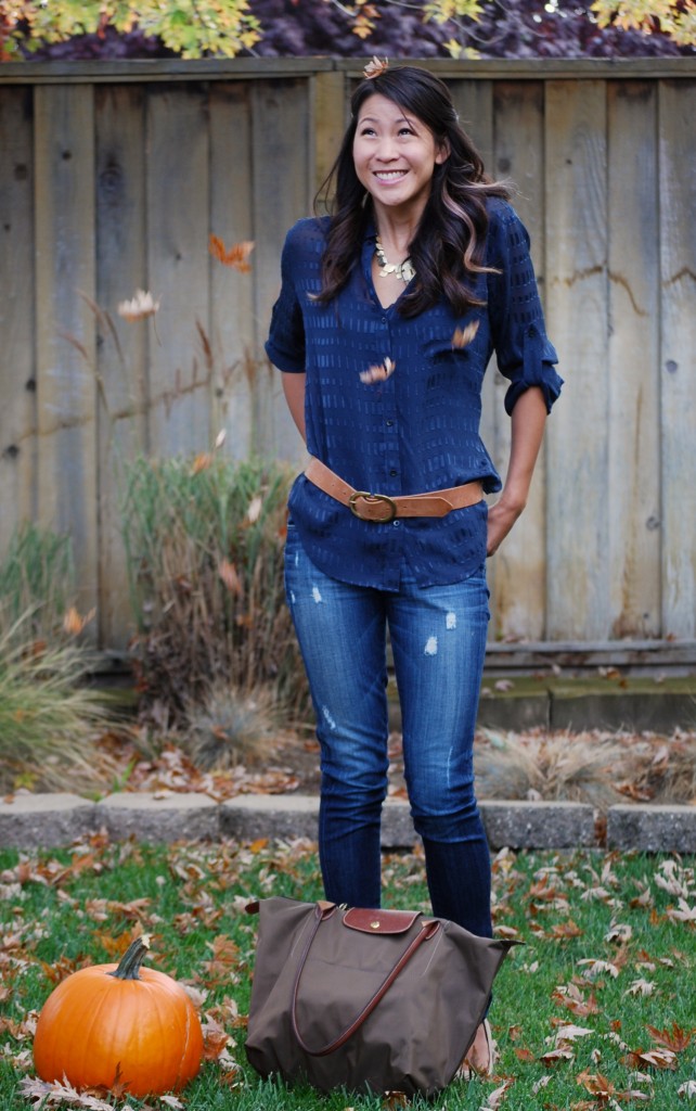 Sheer Navy Blouse and Paige Jeans Outfit with Longchamp Le Pliage Bag