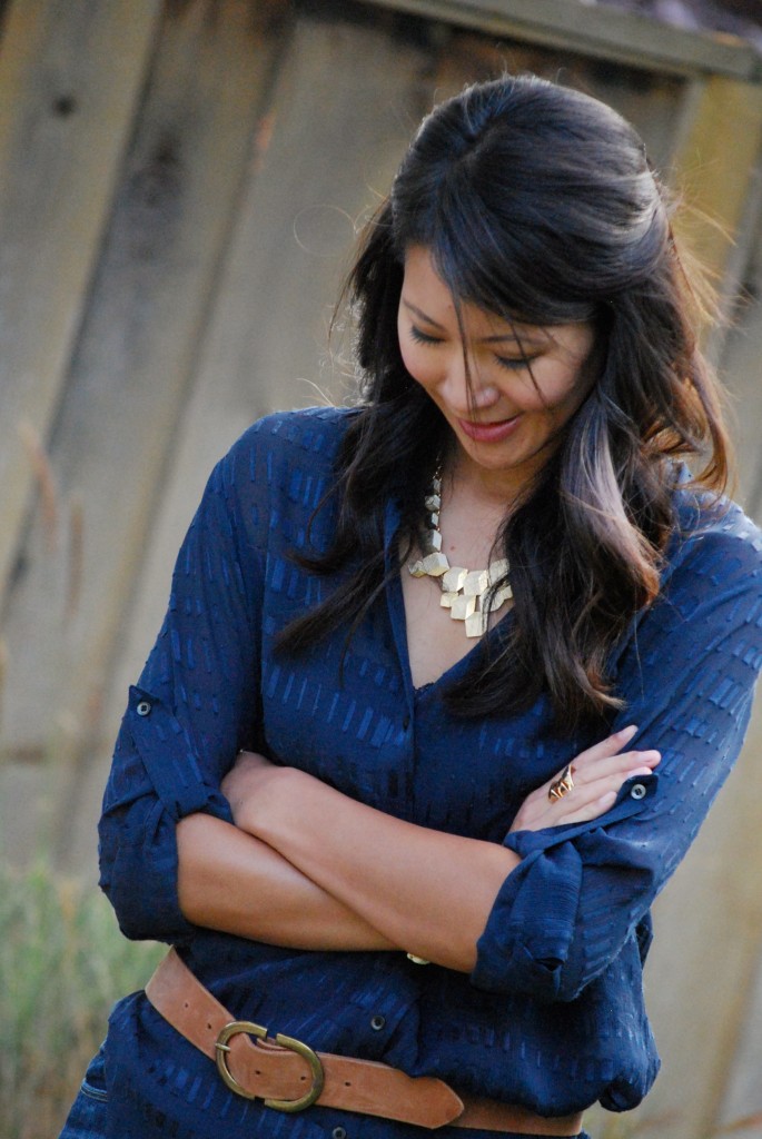 Sheer Navy Blouse and Geometric Necklace