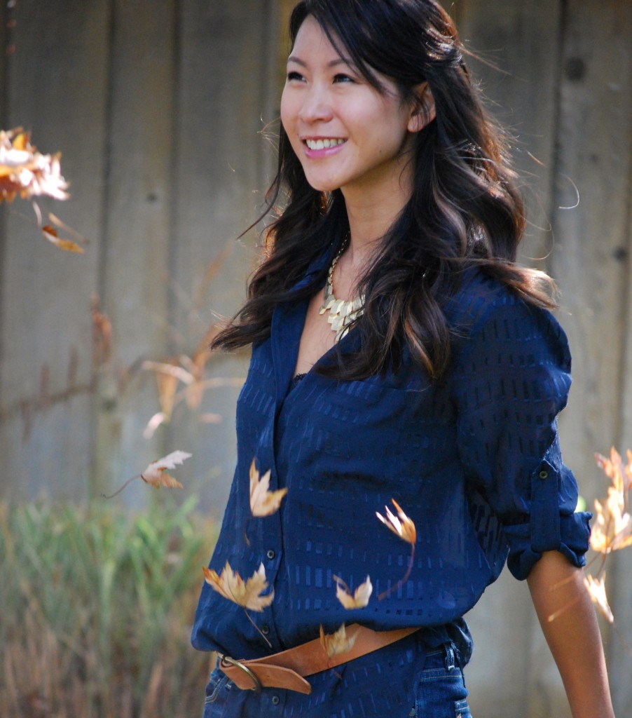 Sheer Navy Blouse and Geometric Necklace