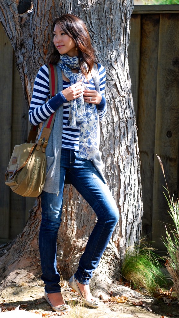 Striped shirt floral scarf and vest outfit