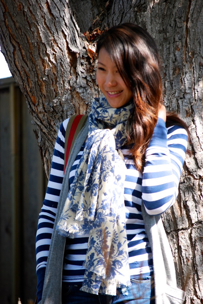 Striped shirt floral scarf and vest outfit