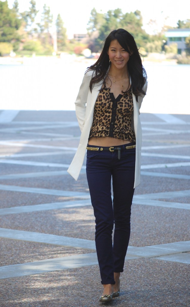 Leopard print ruffle top with blazer and colored jeans outfit