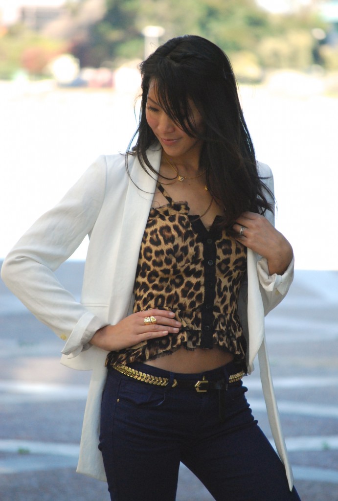 Leopard print ruffle top with blazer outfit