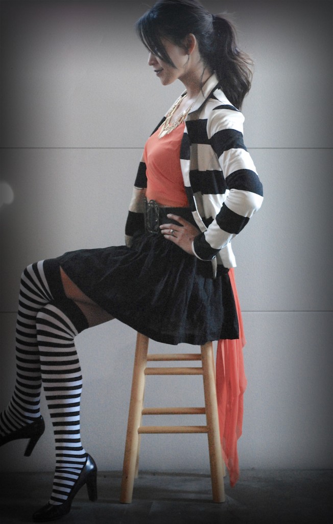 Tim Burton inspired Orange Black Halloween outfit - Striped Blazer and Tights