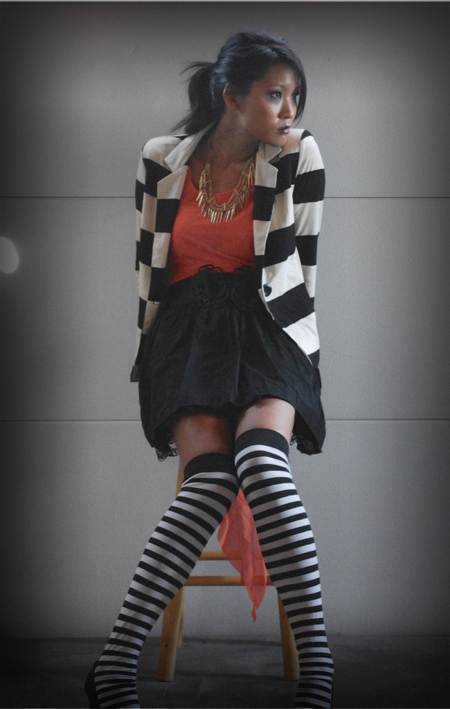 Tim Burton inspired Orange Black Halloween outfit - Striped Blazer and Tights