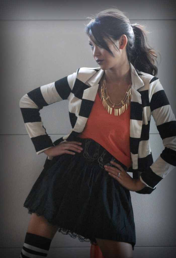 Tim Burton inspired Orange Black Halloween outfit - Striped Blazer and Tights