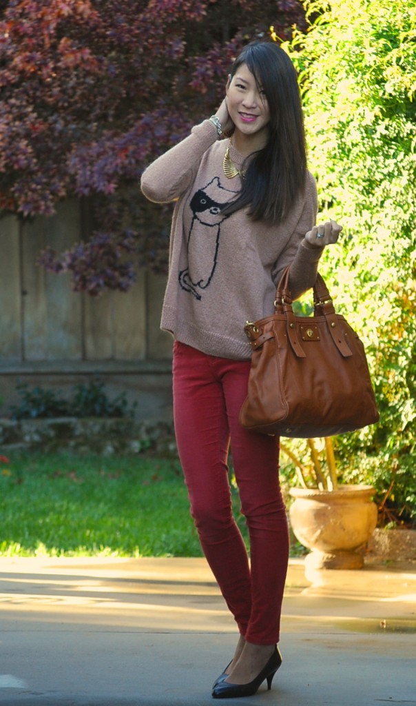 Colored Skinny Jeans and Topshop Cat Burglar Sweater Jumper