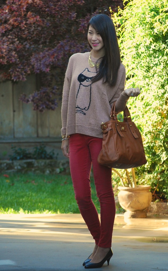 Colored Skinny Jeans and Topshop Cat Burglar Sweater Jumper