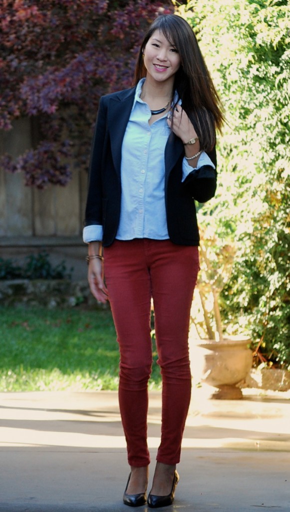 Colored Skinny Pants with Chambray Shirt and Blazer