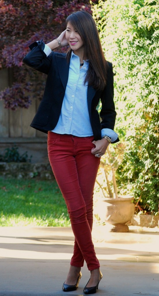 Colored Skinny Pants with Chambray Shirt and Blazer