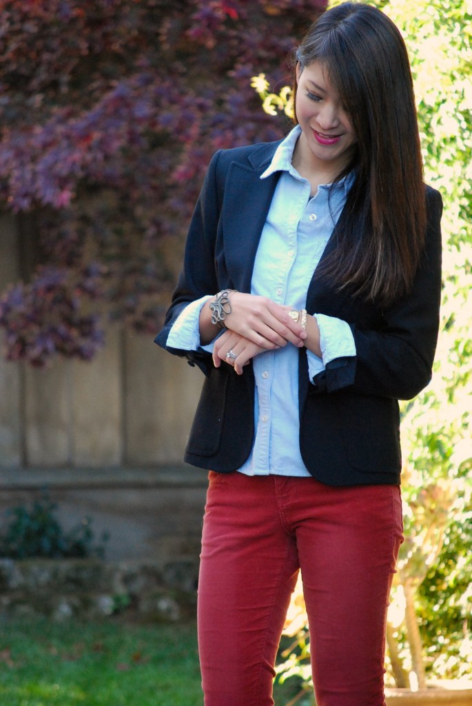 Colored Skinny Pants with Chambray Shirt and Blazer