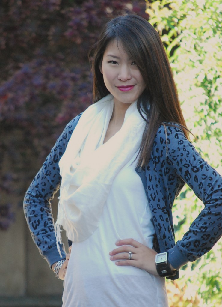 Colored Skinny Pants with Leopard Cardigan and Pashmina Scarf