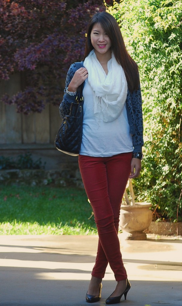 Colored Skinny Pants with Leopard Cardigan and Pashmina Scarf