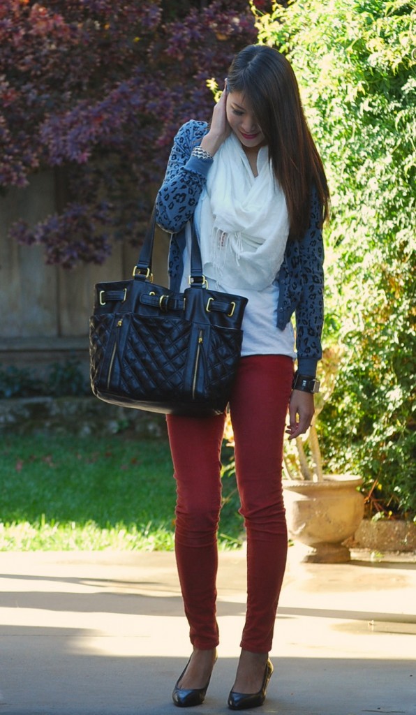 Colored Skinny Pants with Leopard Cardigan and Pashmina Scarf