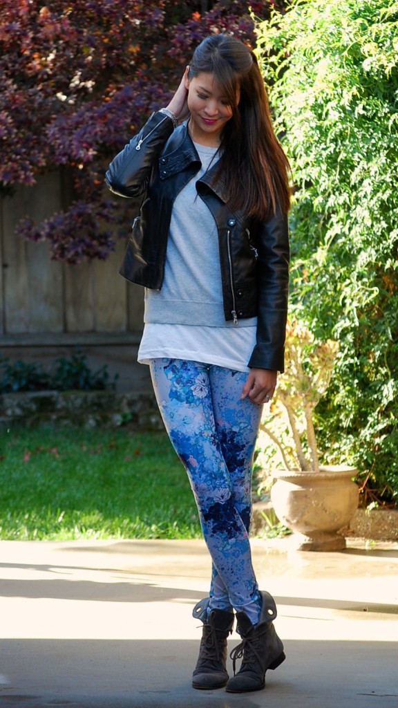 H&M Floral Leggings Sweater Leather Jacket Outfit