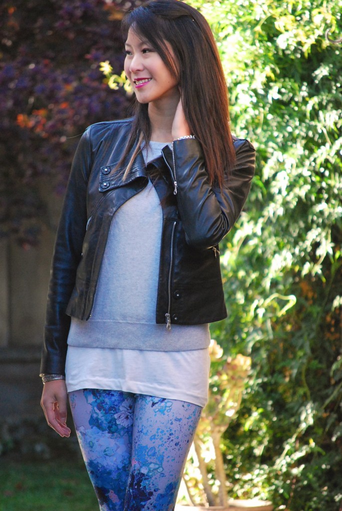 H&M Floral Leggings Sweater Leather Jacket Outfit