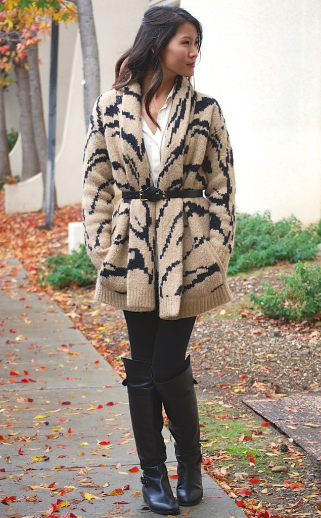 Juicy Couture Ziger Tiger Print Cardigan Coat and Over Knee Boots