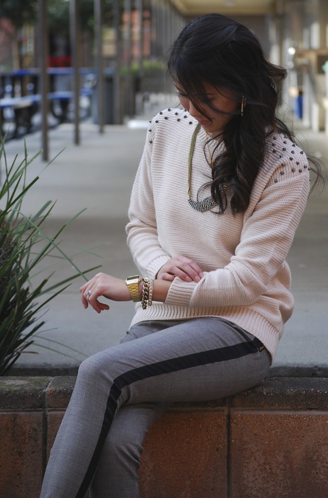 Studded Spiked Shoulder Sweater and Prince of Wales Tuxedo Pants