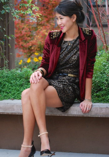 Sister Jane Studded Red Velvet Blazer with Leopard Print Dress