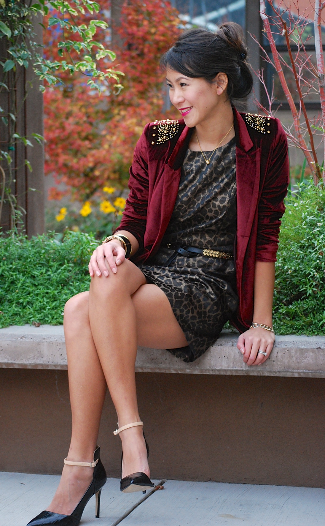 Sister Jane Studded Red Velvet Blazer with Leopard Print Dress